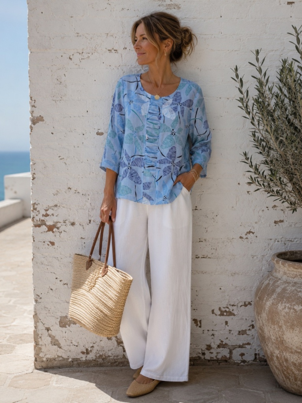 Habitat Clothes To Live In Blue Abstract Floral Blouse 3/4 Sleeve SZ S